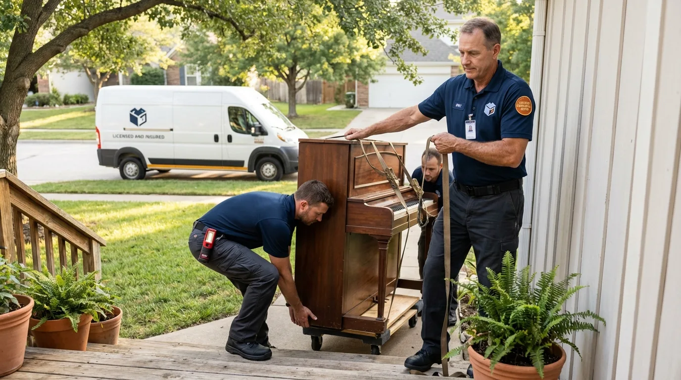 Licensed piano movers securing grand piano in Hampshire, IL