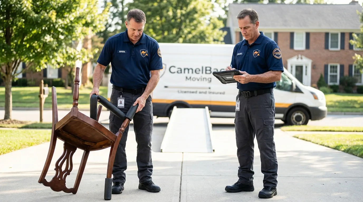 Movers inspecting furniture for damage prevention before loading in Hampshire, IL