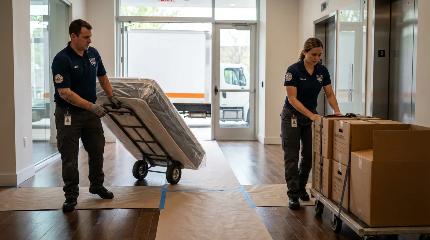 Professional apartment movers loading elevator in Hampshire, IL